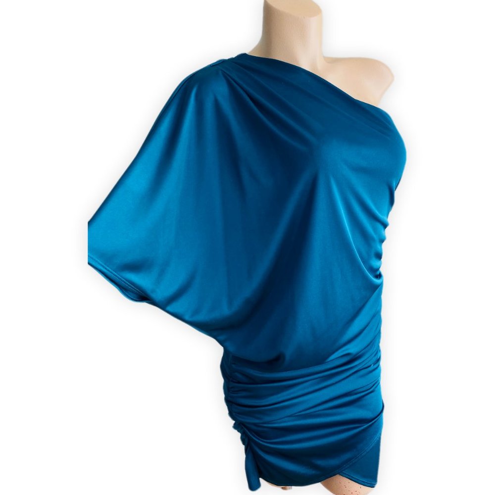 Teal One Shoulder Mini Dress Metallic Ruched Party Cocktail S